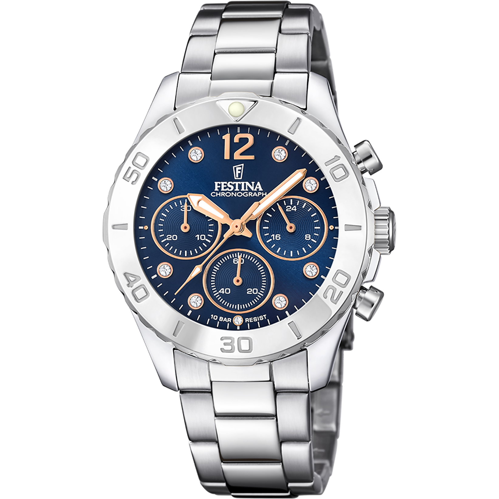 Festina Damenuhr: Edelstahlarmband, blaues Chronographenzifferblatt, Mineralglas