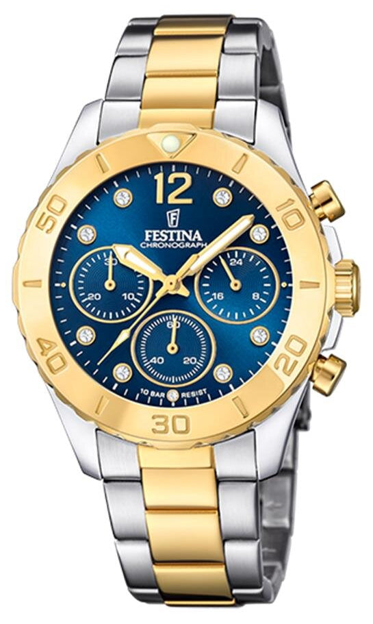 Festina Damenuhr mit blauem Zifferblatt, zweifarbigem Edelstahlband und Chronograph