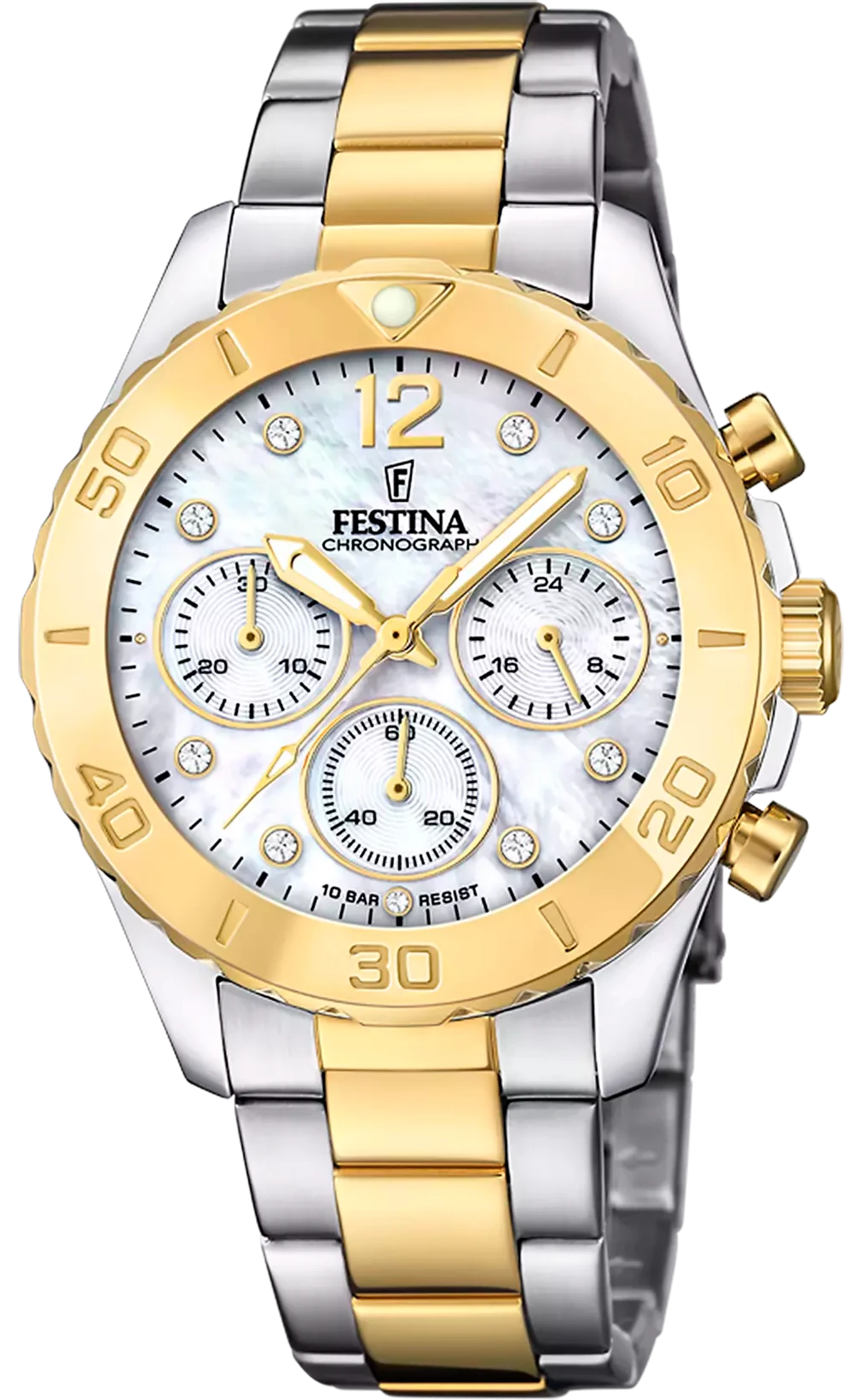 Montre pour femme avec cadran en nacre et compteurs chronographes dorés, bracelet en acier inoxydable