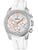 Damenuhr: weißes Zifferblatt, Chronograph-Subdials, Strass-Lünette, weißes Armband