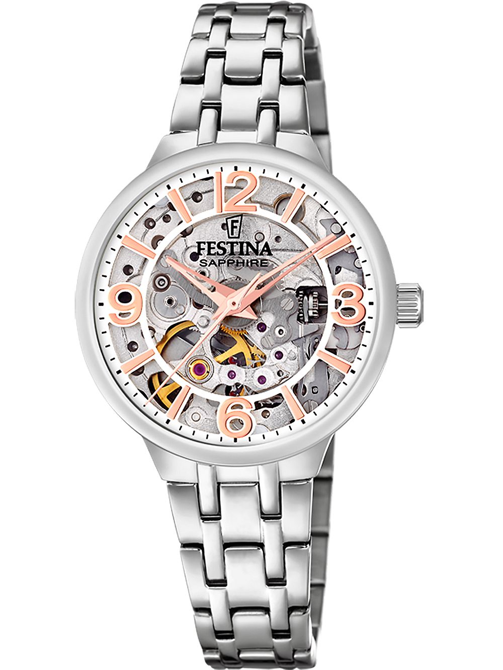 Damenarmbanduhr Festina: Skelettzifferblatt, Automatikwerk, silberfarbenes Edelstahlband