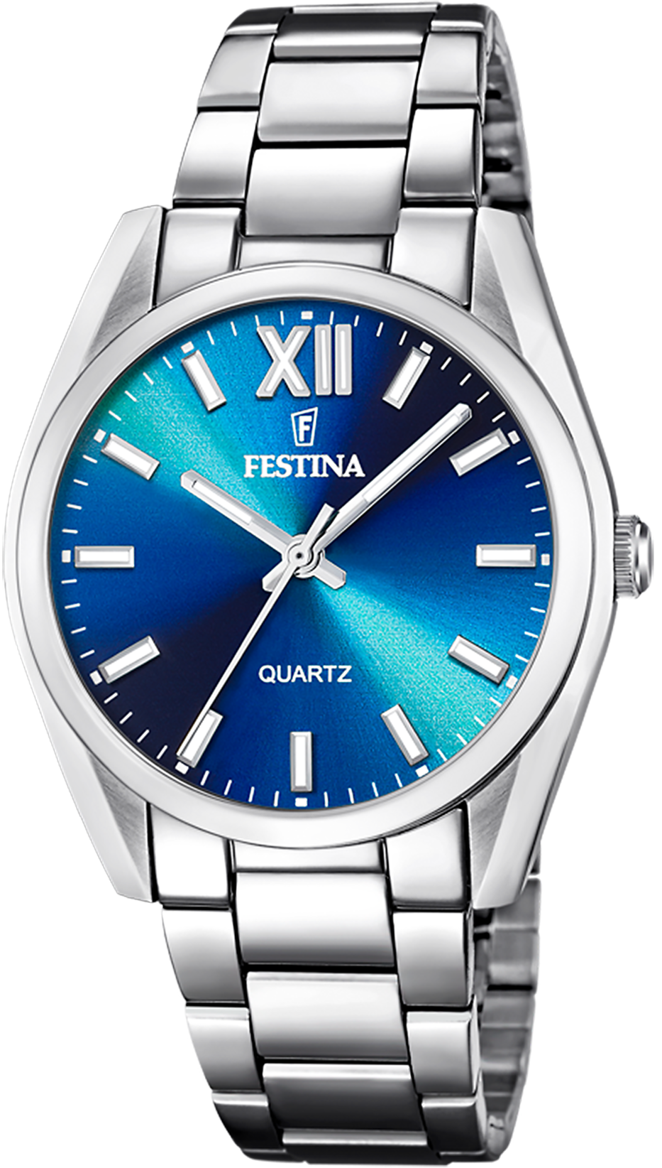 Montre pour femme avec cadran bleu, chiffres romains, bracelet et boucle en acier inoxydable