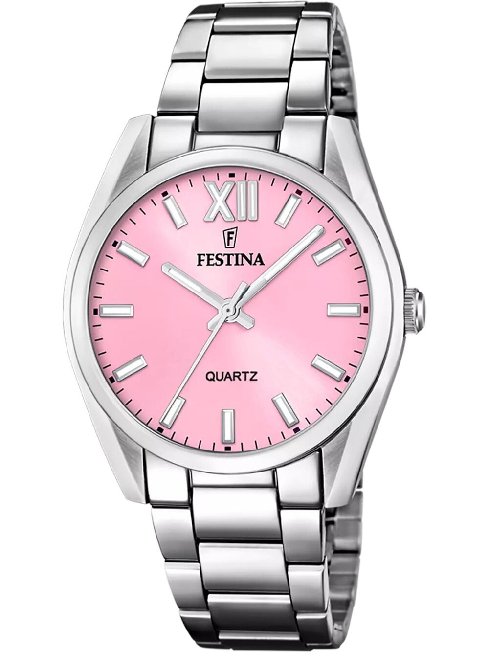 Festina Damenuhr mit Edelstahlarmband, rosafarbenem Zifferblatt und Quarz