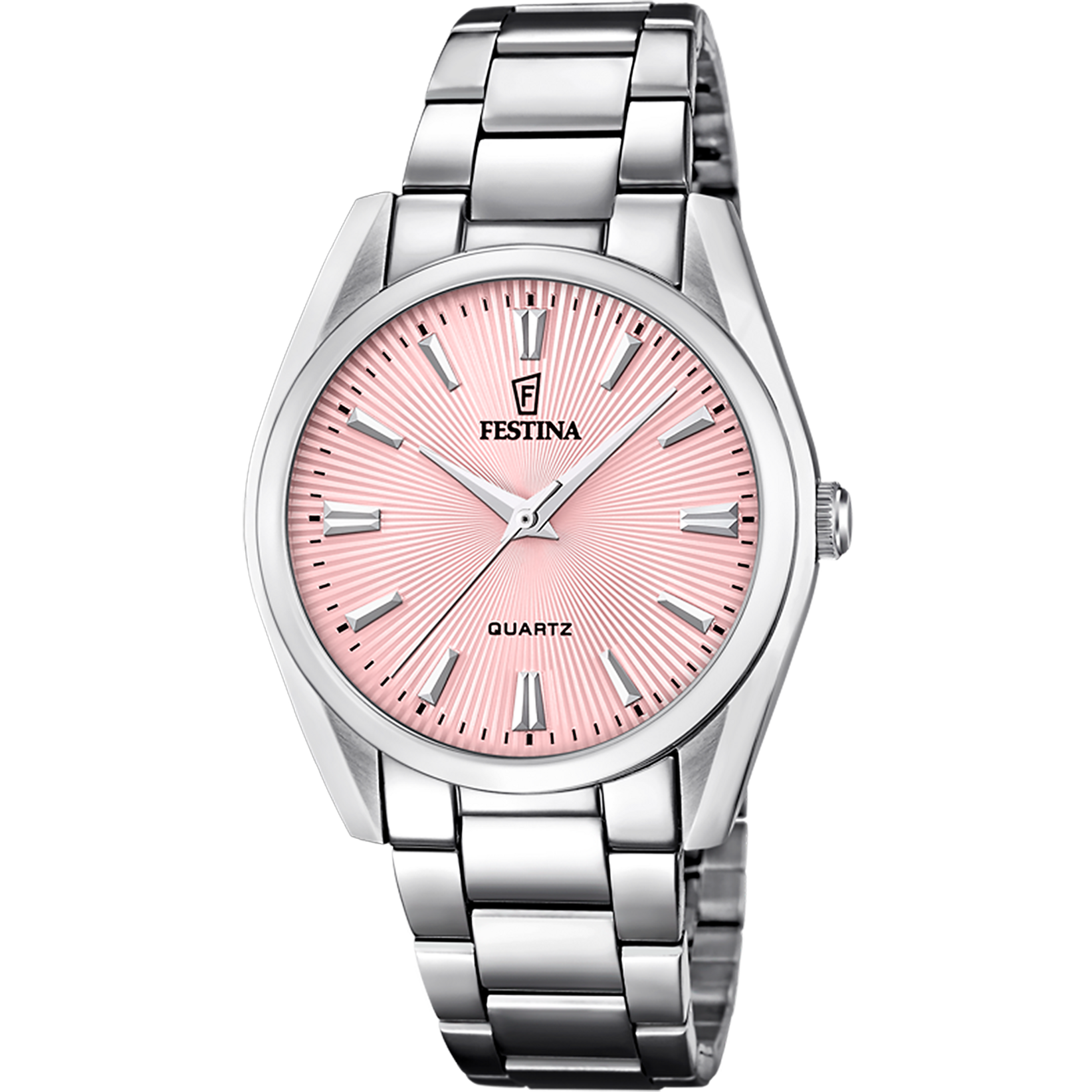 Festina Damenuhr mit silbernem Edelstahlarmband, rosafarbenem Zifferblatt und Zeigern