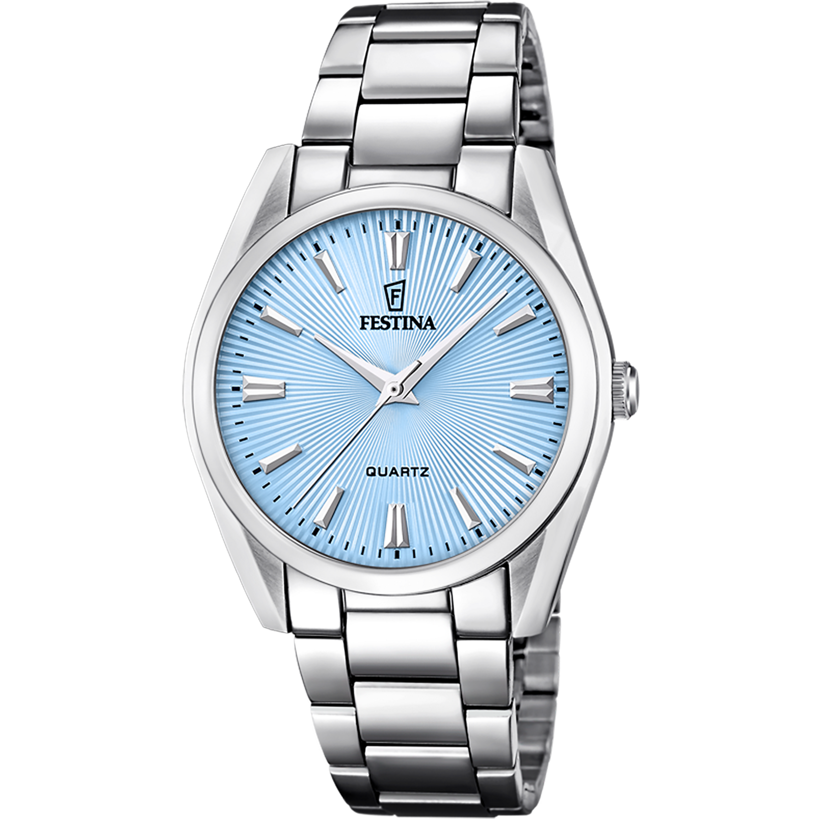 Festina Damenuhr mit blauem Zifferblatt und Stahlarmband, runde Zeiger & Indexe