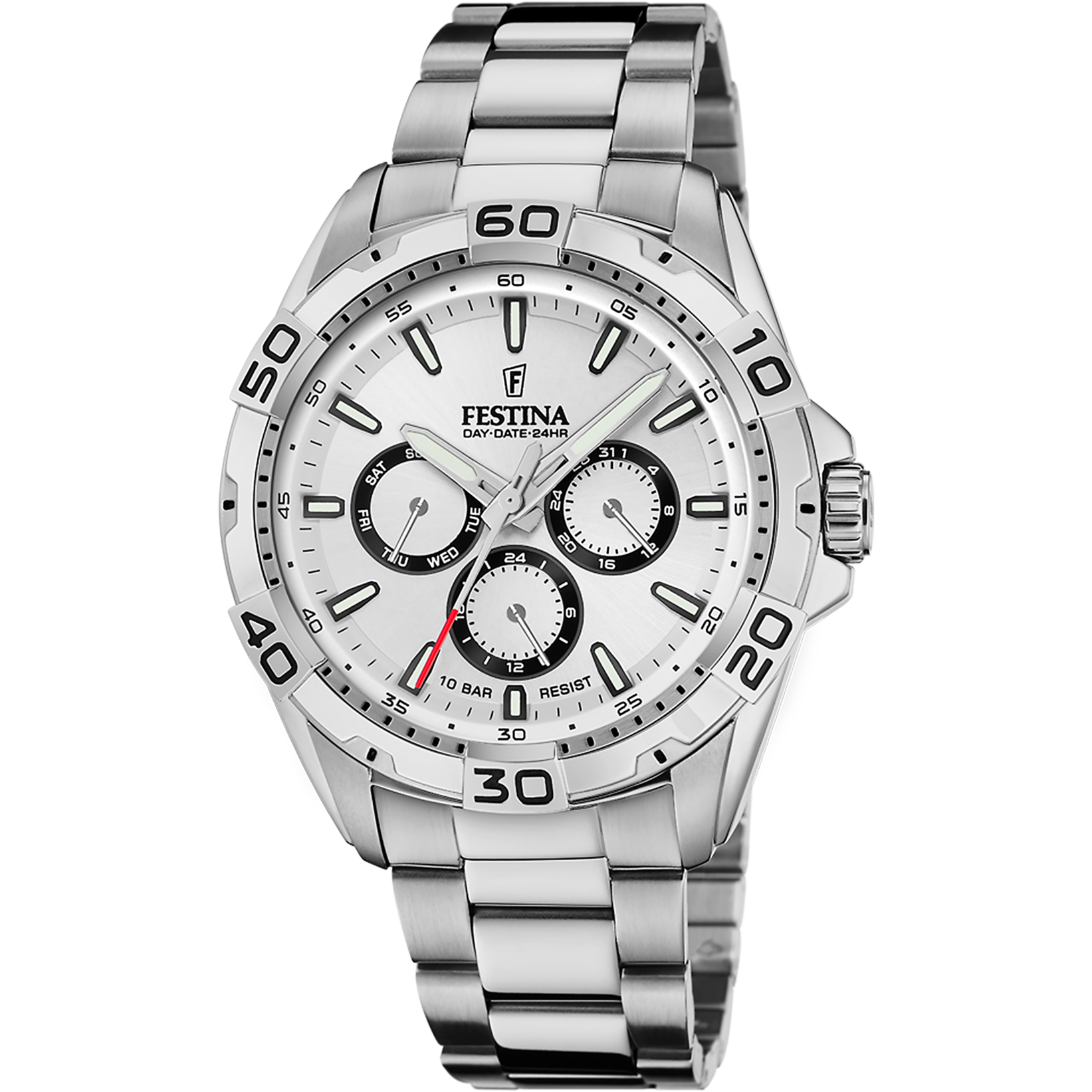 Festina Herrenuhr mit silbernem Edelstahlarmband, weißem Zifferblatt und roten Akzenten.