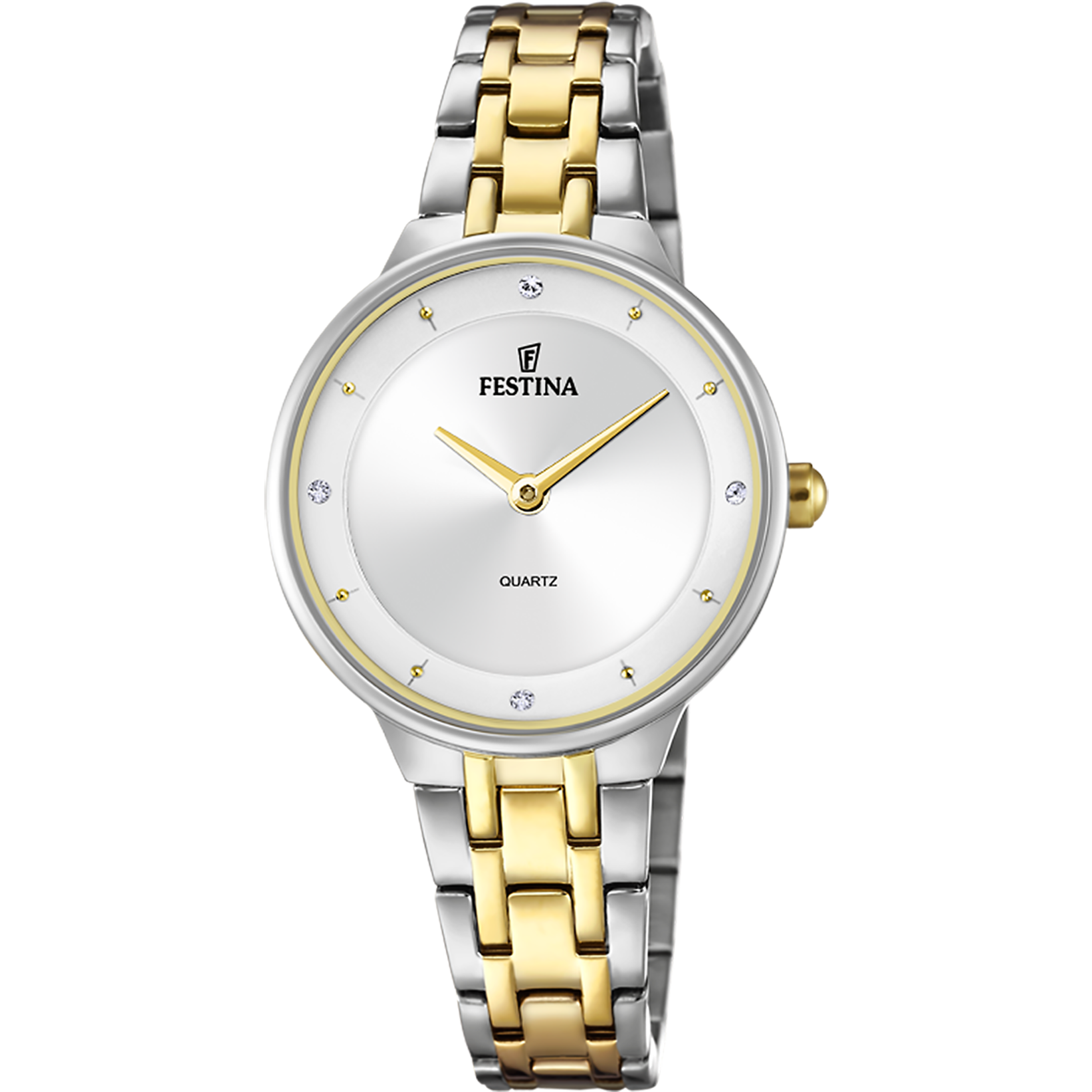 Festina Damenuhr mit silbernem und goldfarbenem Edelstahlband, weißem Zifferblatt, Quarz.