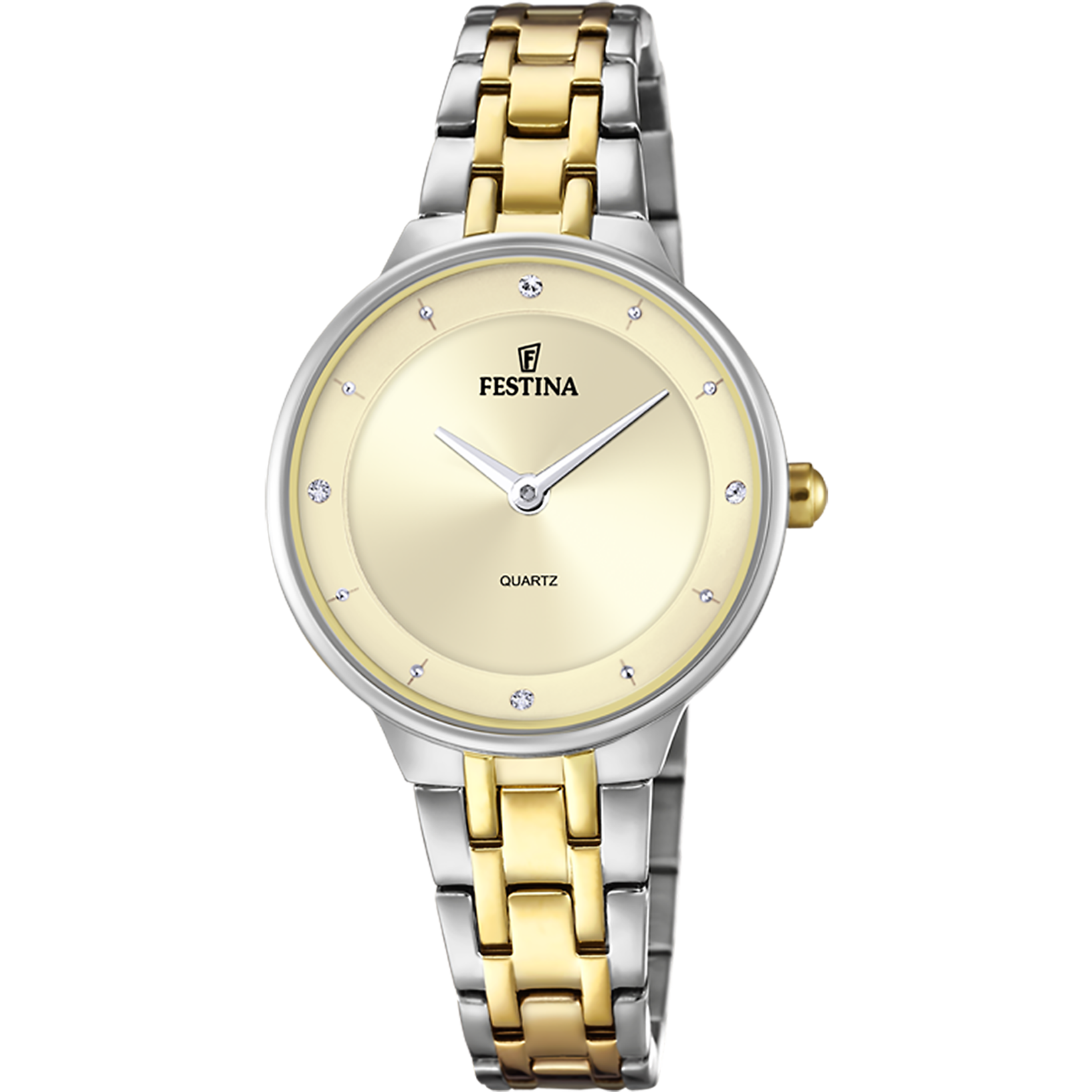 Festina Damenuhr mit champagnerfarbenem Zifferblatt und zweifarbigem Edelstahlarmband
