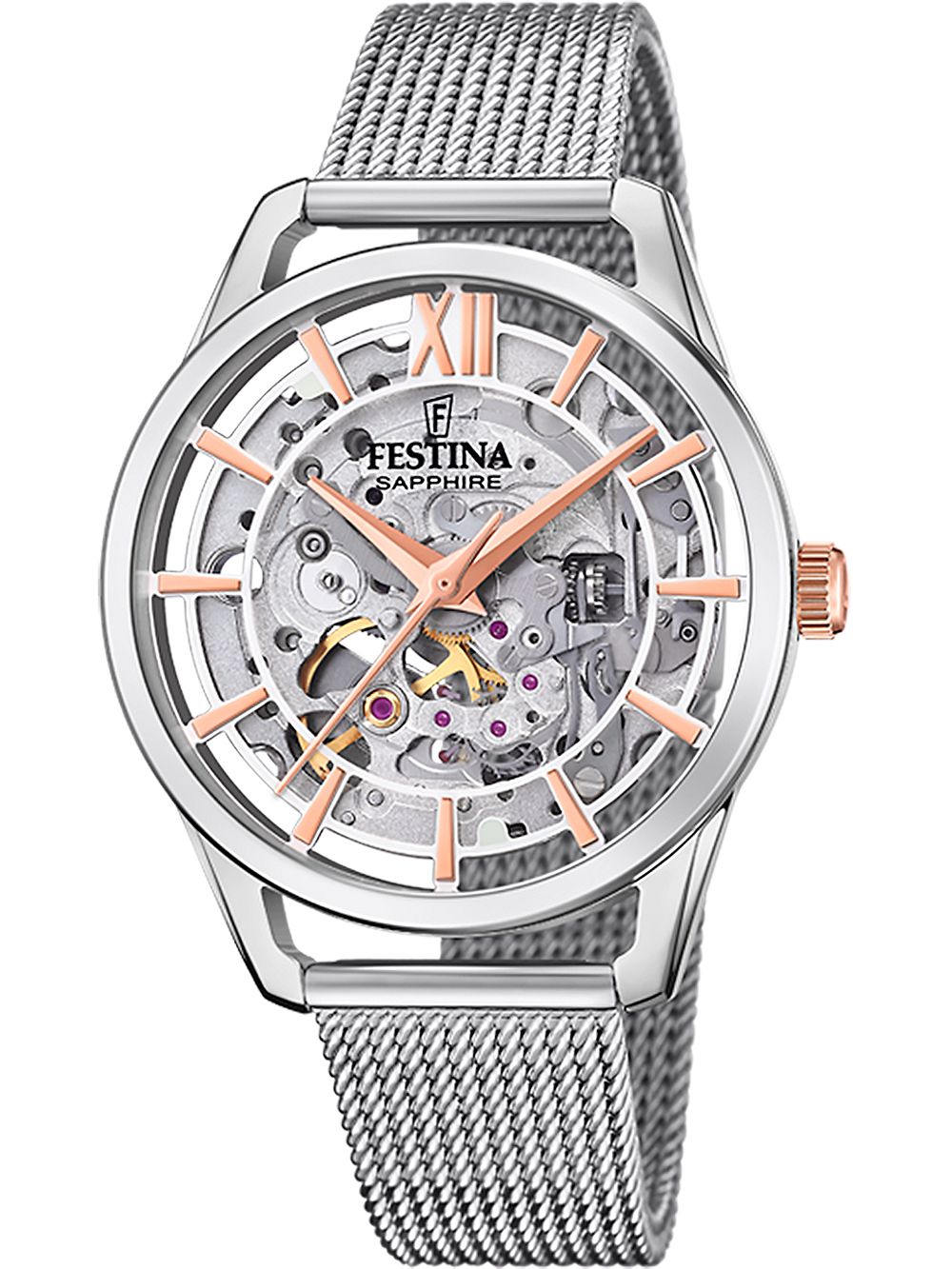 Festina Damenarmbanduhr mit silbernem Meshband, rundem Skelettzifferblatt und orangefarbenen Indexen