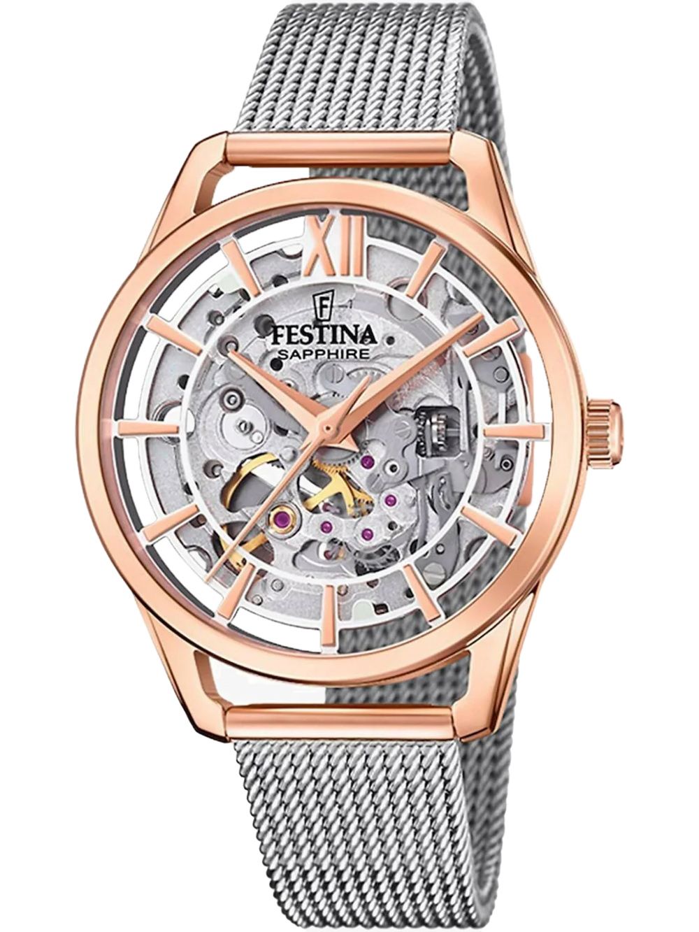 Festina Damen-Automatik-Armbanduhr: Roségold, Meshband, Saphirglas