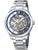 Herrenautomatik-Uhr mit silbernem Edelstahlarmband und blauem Skelettzifferblatt