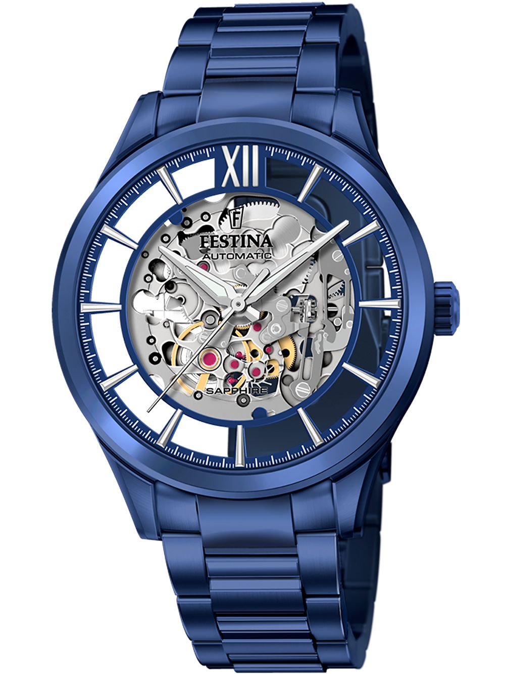 Festina Herrenuhr mit blauem Metallarmband, Skelettzifferblatt, Automatik, Saphirglas