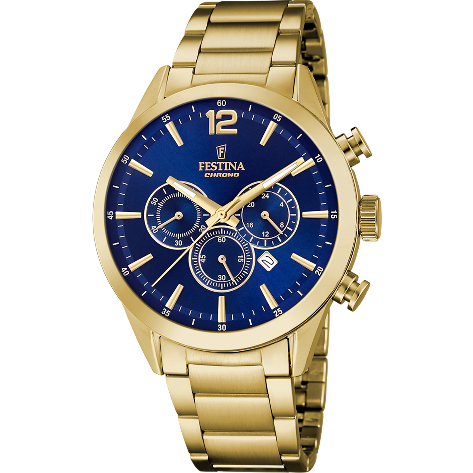 Festina Chronograph-Herrenuhr: blaues Zifferblatt, goldenes Metallarmband
