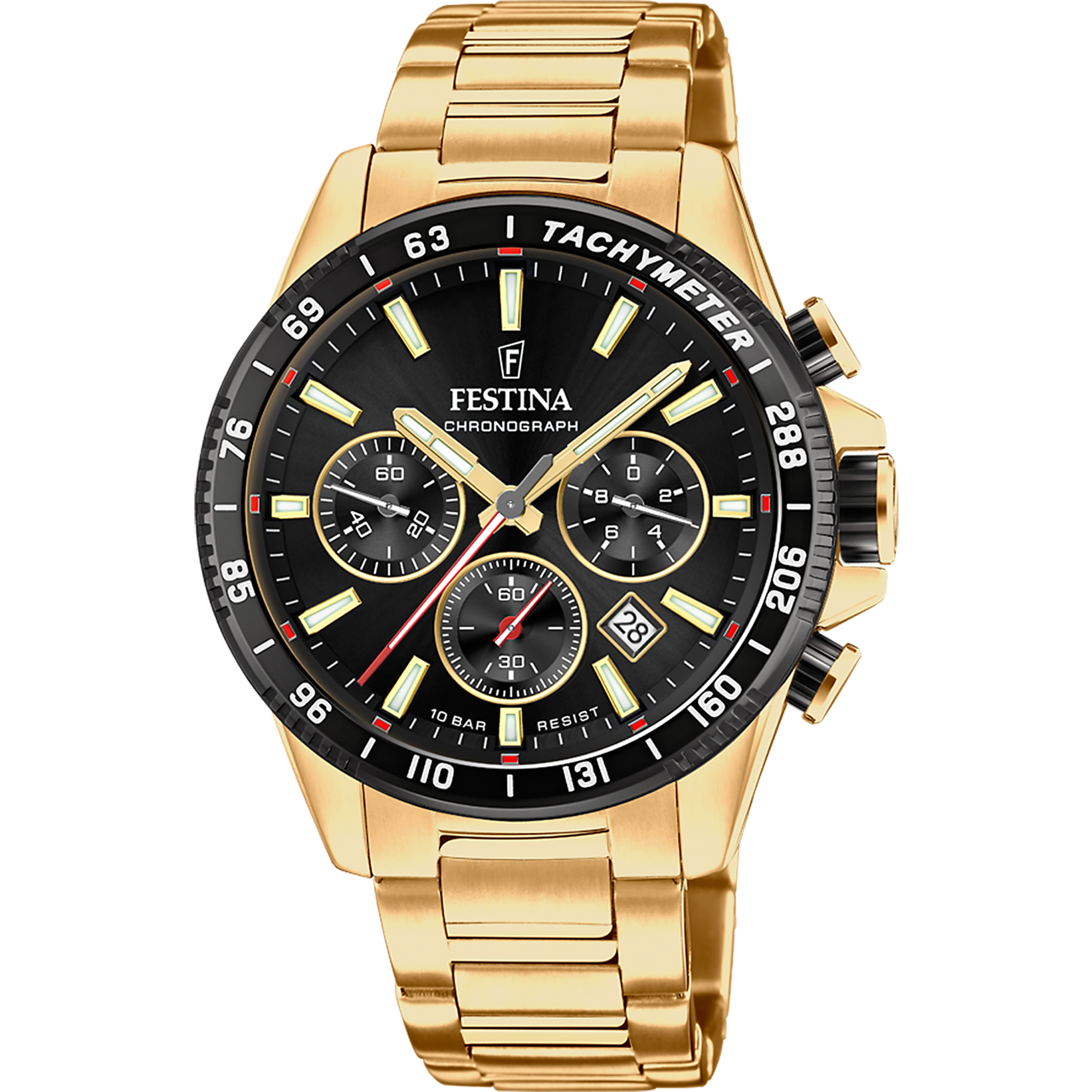 Chronographe Festina pour homme avec cadran noir, tachymètre, bracelet en acier inoxydable doré