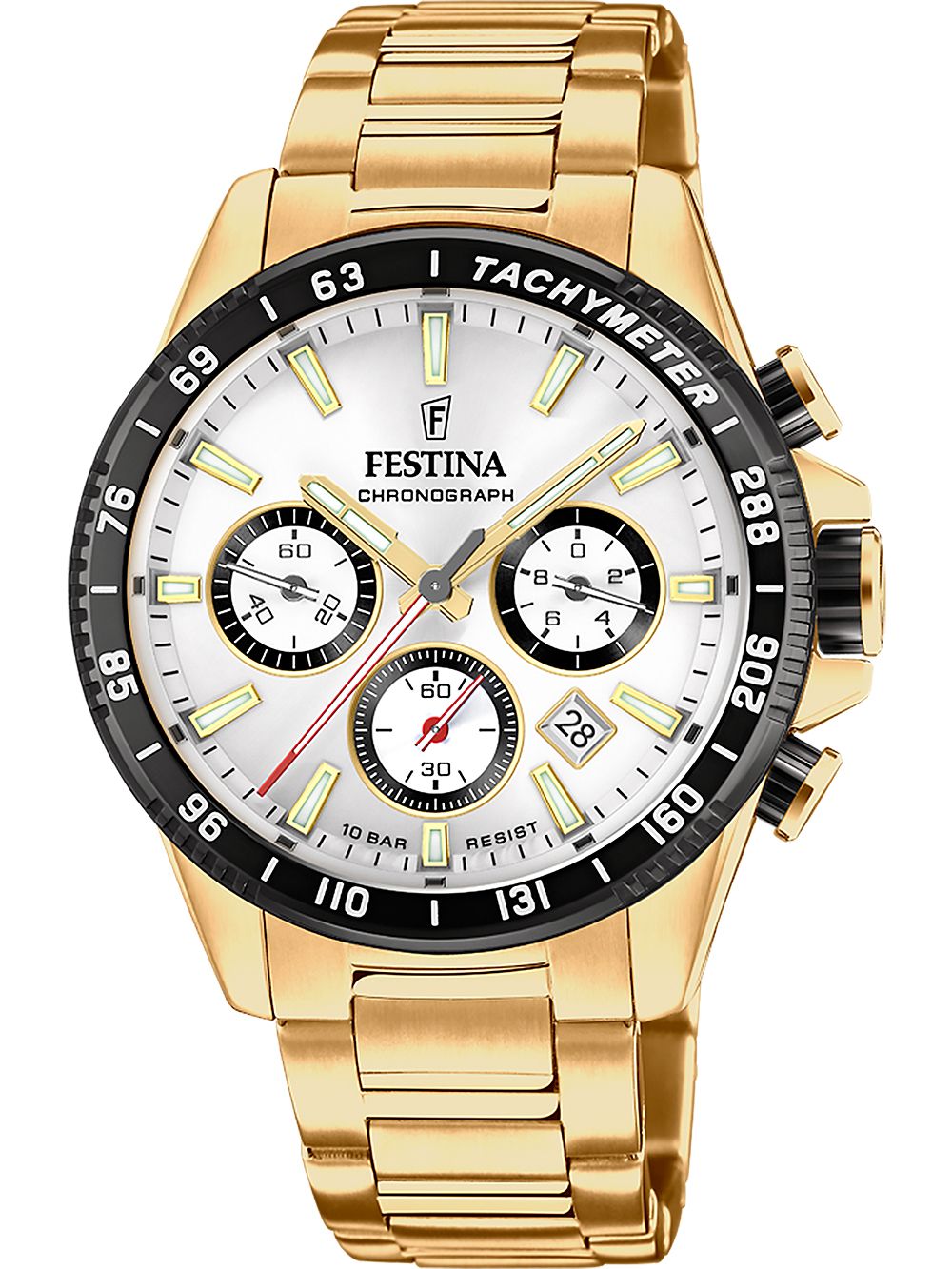 FESTINA Herrenuhr Chronograph mit goldfarbenem Armband, weißem Zifferblatt und schwarzen Hilfsziffern