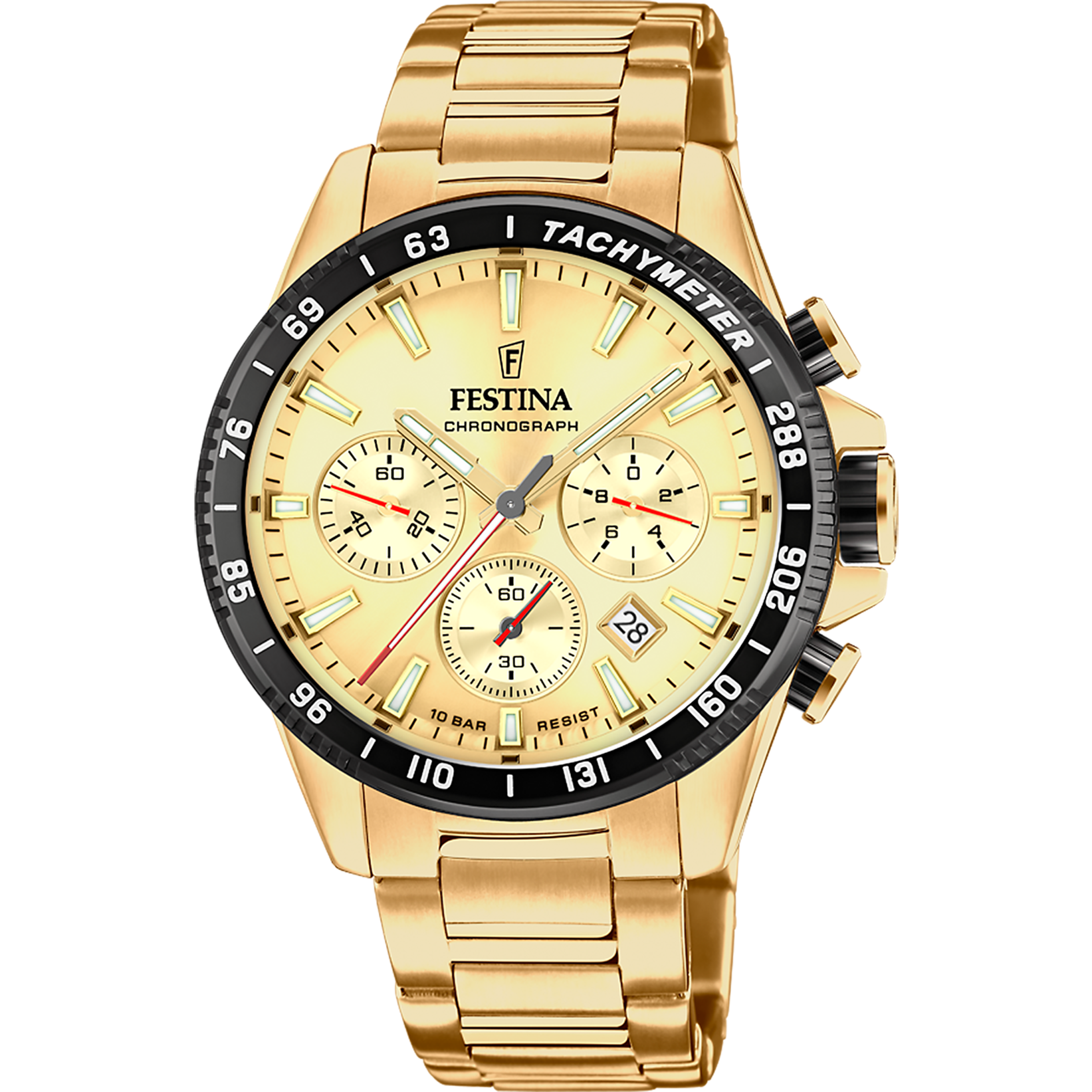 Herrenuhr mit Chronograph, champagnerfarbenem Zifferblatt und goldfarbenem Edelstahlband