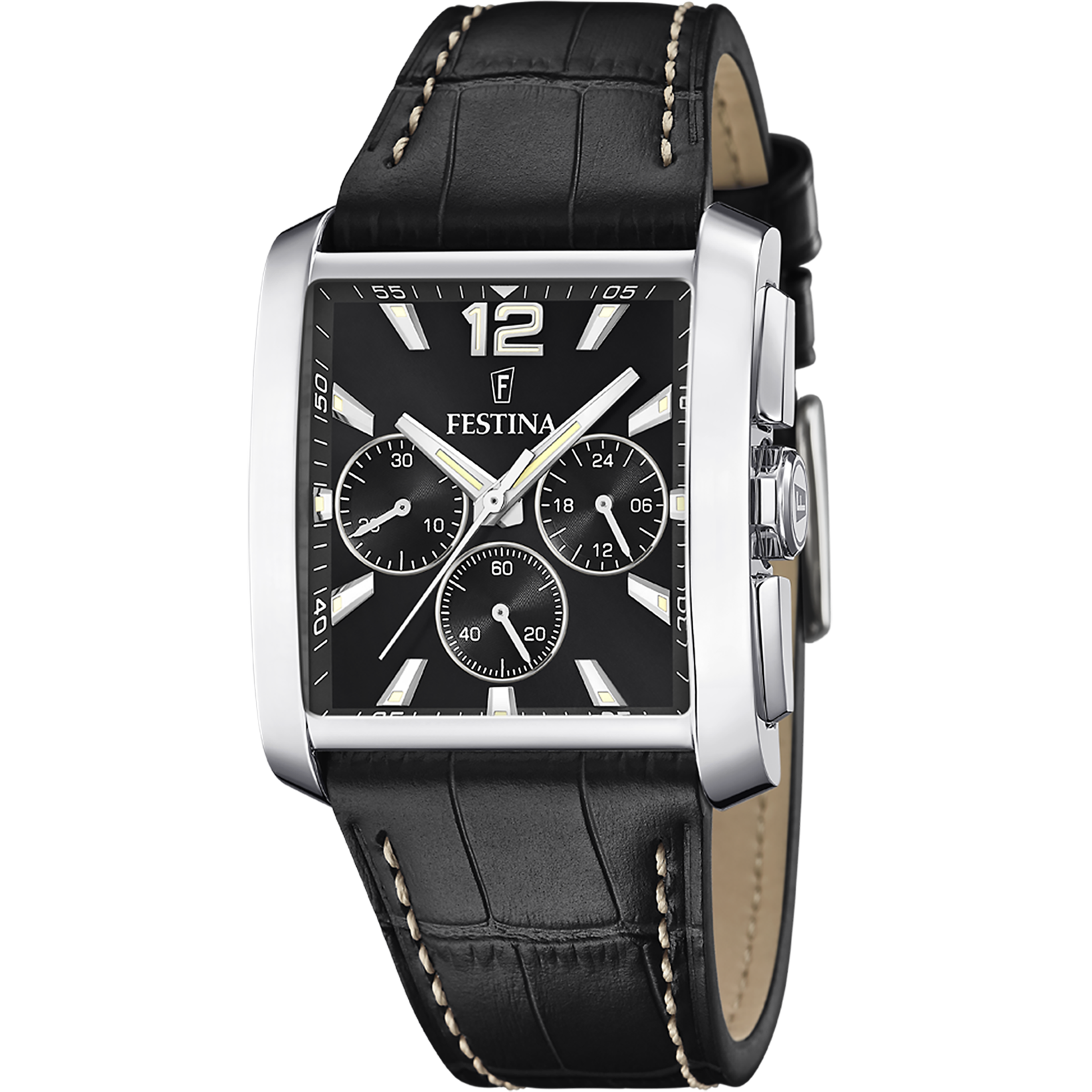 Festina Herrenuhr mit schwarzem Lederarmband, Chronograph, schwarzem Zifferblatt, Edelstahlgehäuse