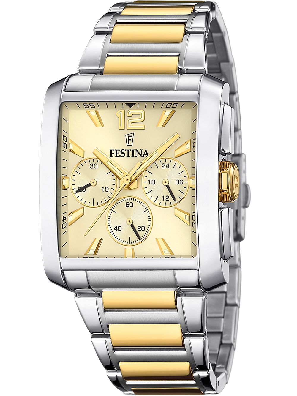 Zweifarbige Herren-Chronographenuhr mit silbernem Gehäuse, goldenen Akzenten und gelbem Zifferblatt