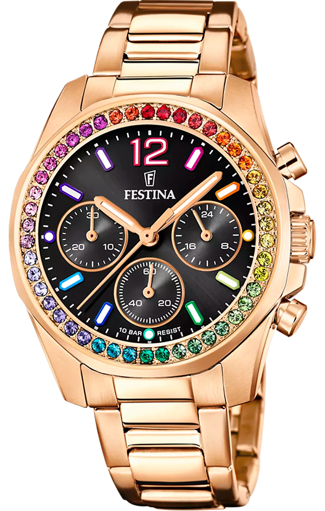 Montre pour femme avec bracelet en acier inoxydable plaqué or rose et cadran noir au design arc-en-ciel