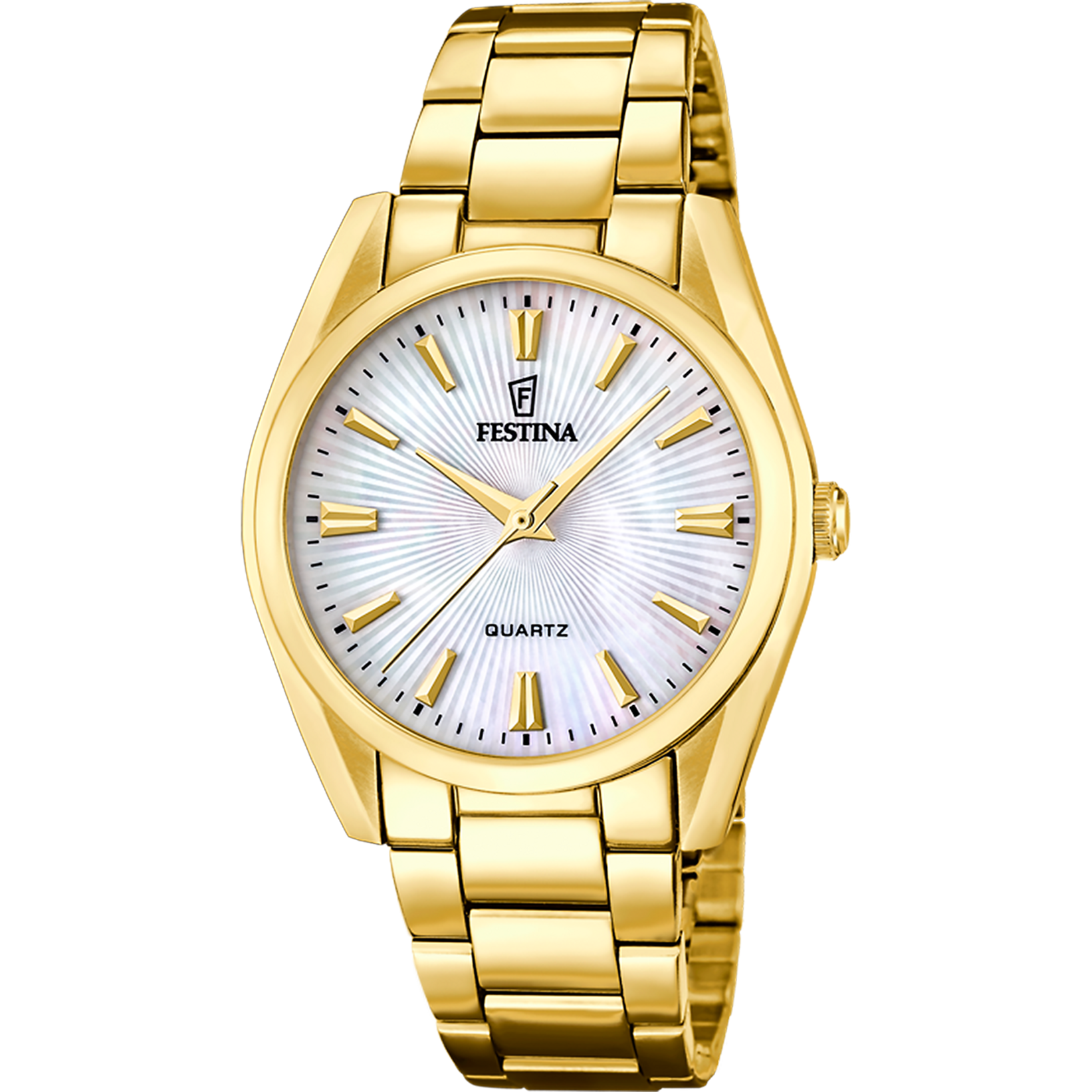 Festina Boyfriend Armbanduhr mit goldfarbenem Metallband und weißem Zifferblatt