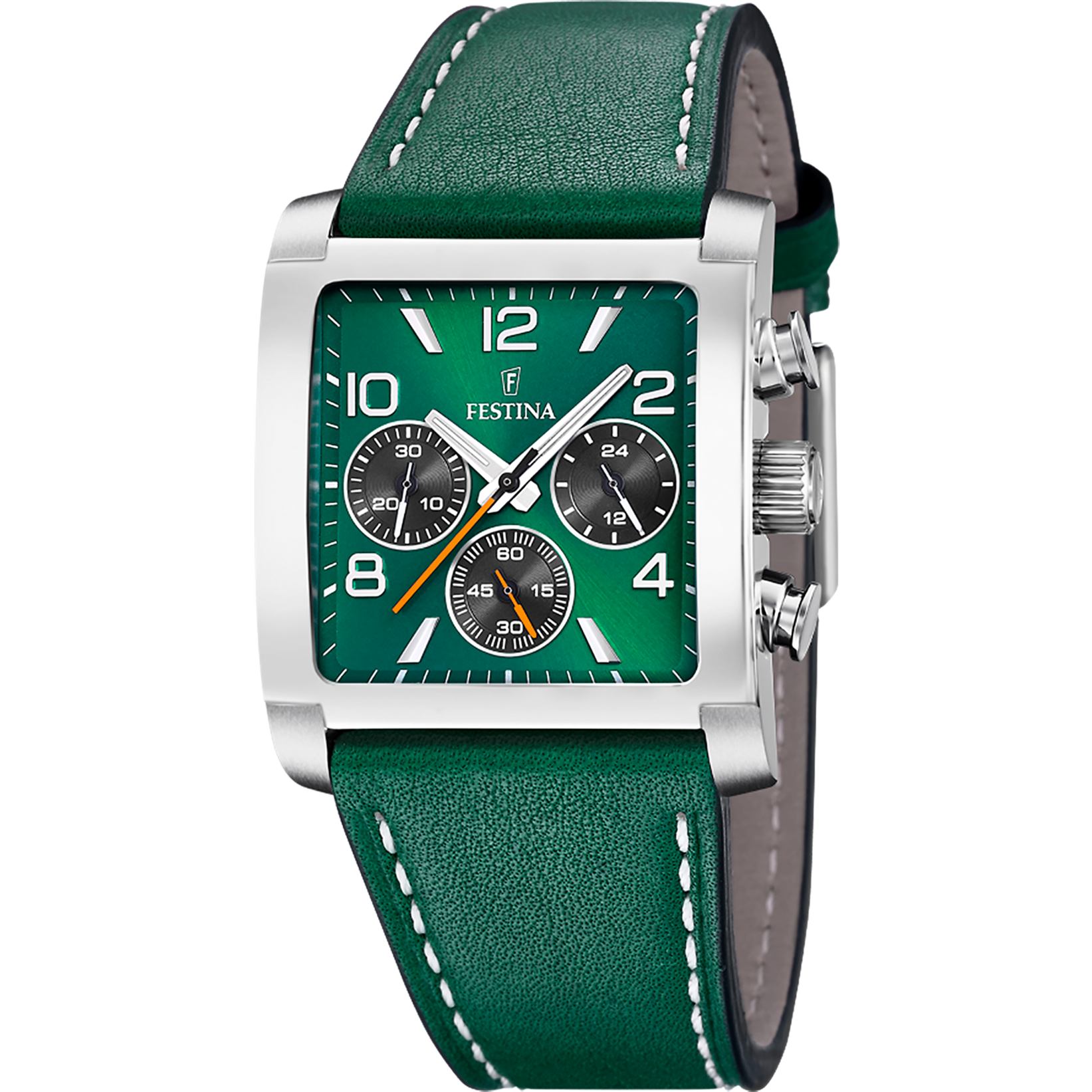 Festina Herrenuhr mit grünem Zifferblatt und Lederarmband, Chronograph mit Hilfszifferblättern.