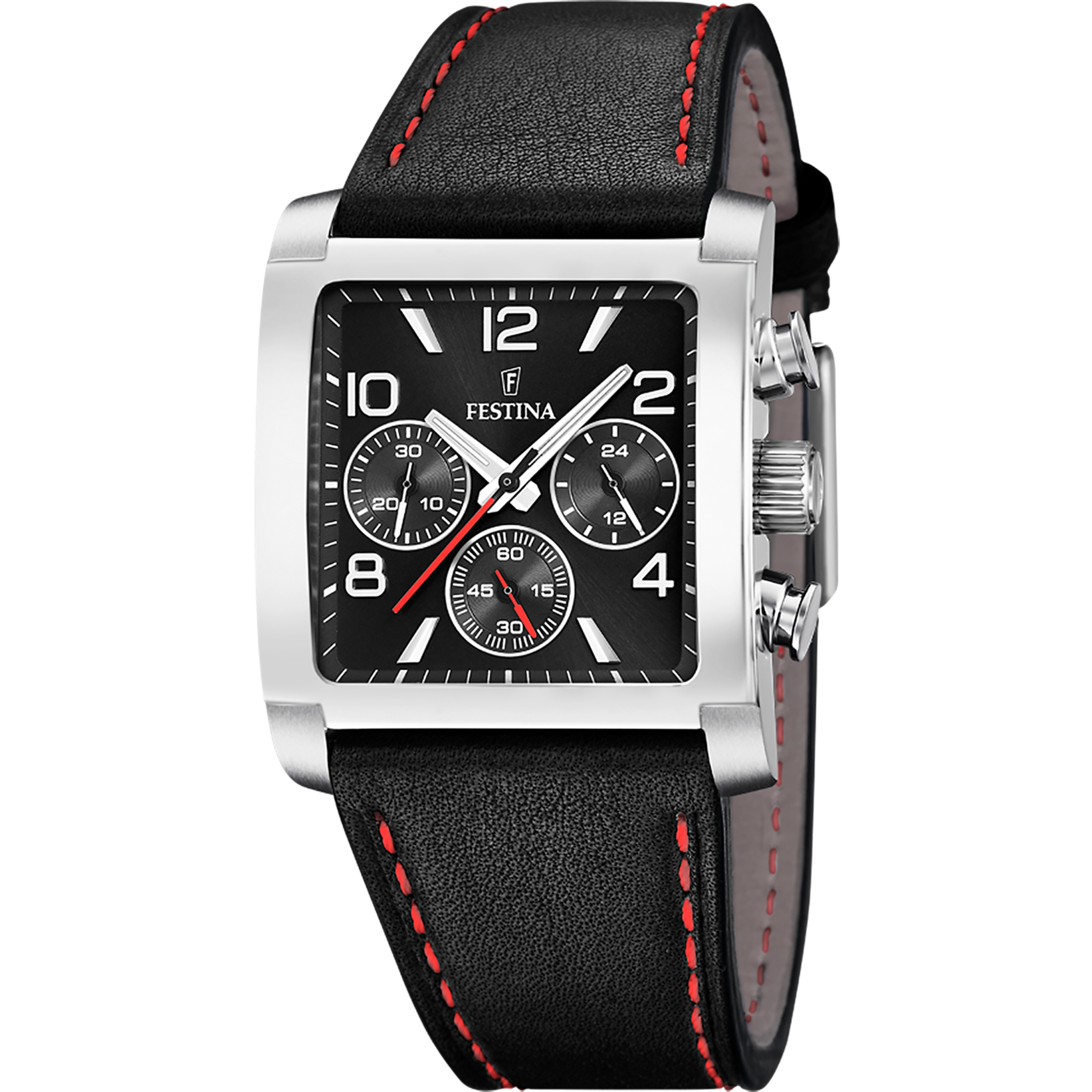 Festina Herrenuhr-Chronograph mit schwarzem Zifferblatt, silbernem Gehäuse und Lederarmband