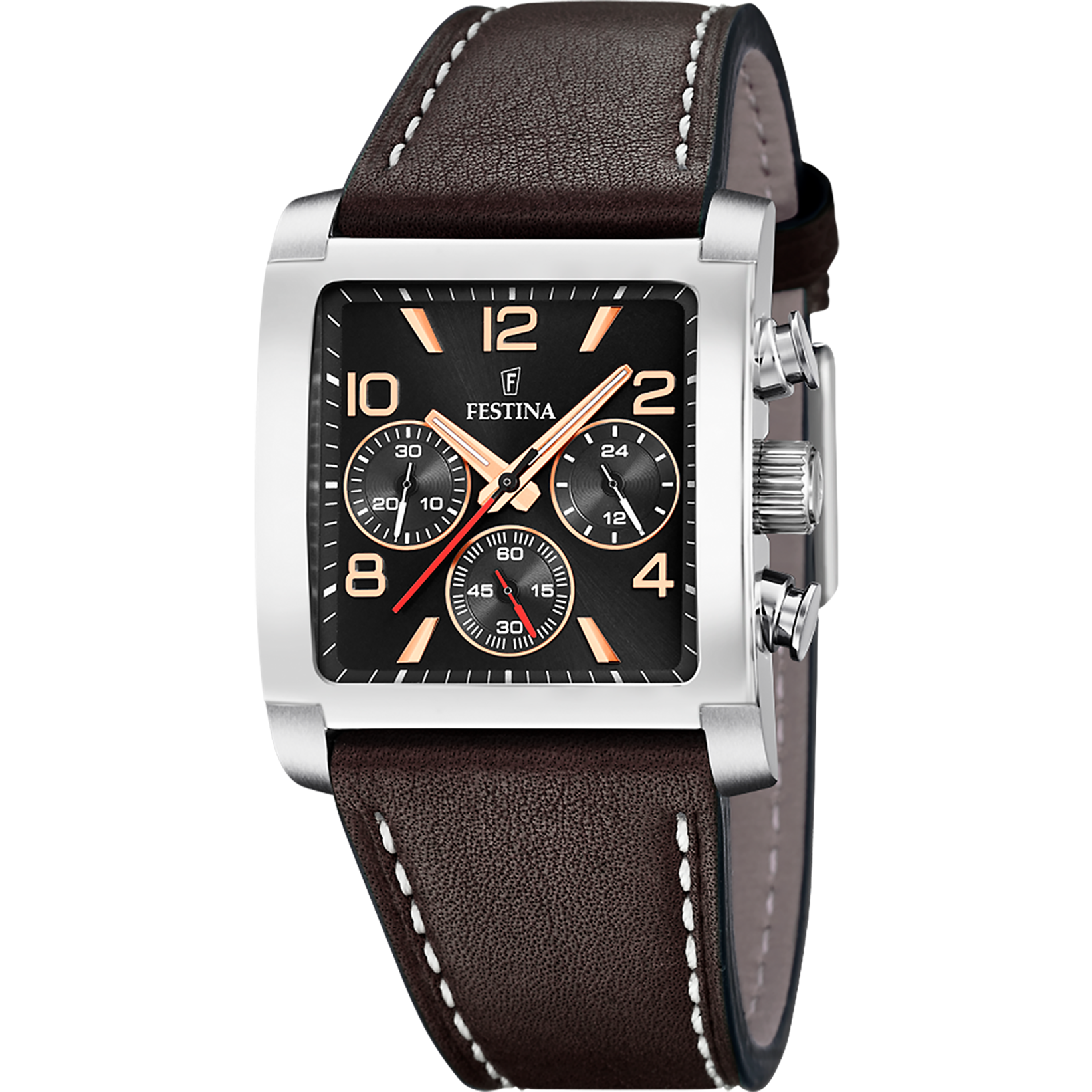 Festina Herrenuhr mit schwarzem Zifferblatt, braunem Lederarmband und Chronograph-Gehäuse in Silber