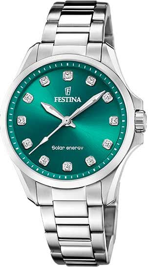 Montre Festina pour femme avec affichage solaire, cadran vert et bracelet en acier inoxydable