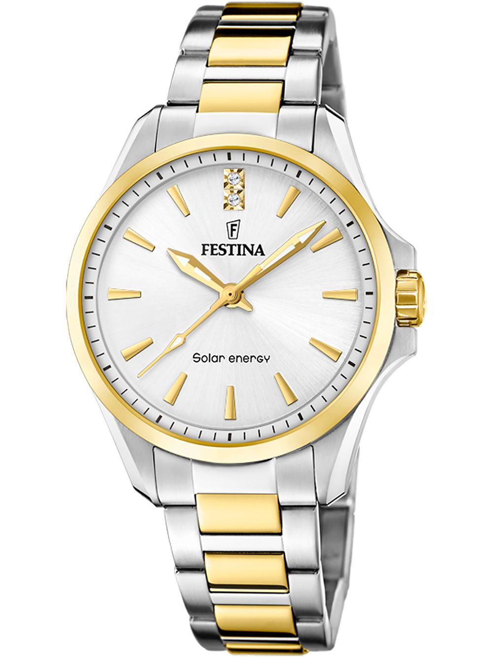 Festina Damen Solar-Uhr mit bicolor Edelstahlarmband und weißem Zifferblatt