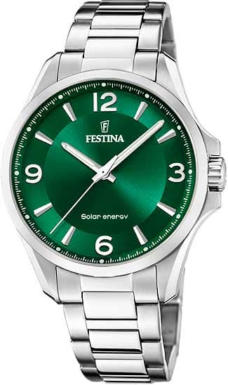Montre bracelet solaire Festina pour homme avec cadran vert et bracelet en métal, 3 aiguilles