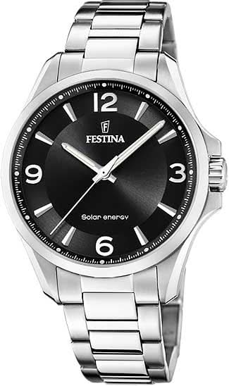 Montre homme en acier inoxydable avec cadran noir, bracelet en métal, 3 aiguilles et énergie solaire