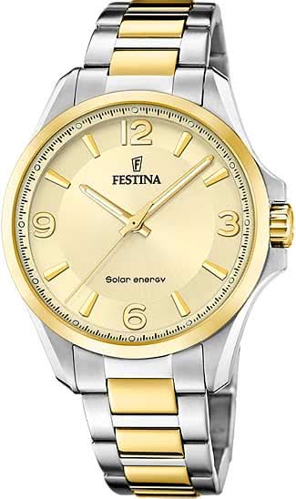 Montre bicolore pour homme avec cadran beige, affichage solaire et bracelet en métal bicolore