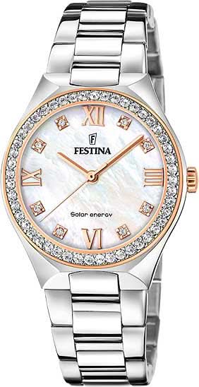 Montre pour femme en acier inoxydable avec cadran en nacre, chiffres romains, lunette sertie de pierres – Festina