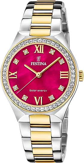 Montre bicolore pour femme : cadran bordeaux, chiffres romains, lunette dorée