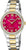 Montre bicolore pour femme : cadran bordeaux, chiffres romains, lunette dorée