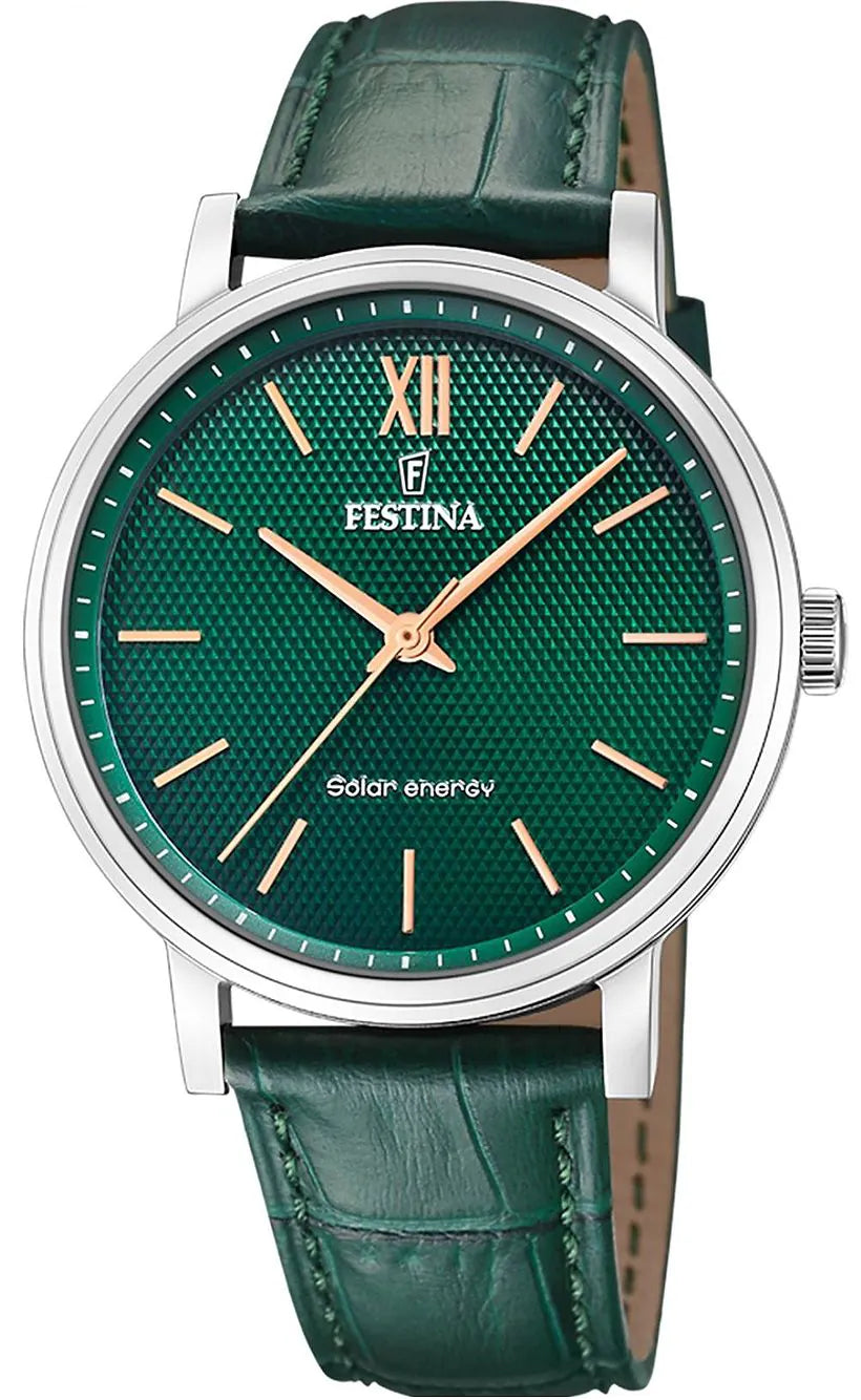 Festina Herrenuhr mit grünem Lederarmband und grünem Zifferblatt, römische Ziffern