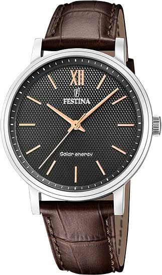 Montre Festina pour homme avec bracelet en cuir marron, boîtier en acier inoxydable et cadran sombre