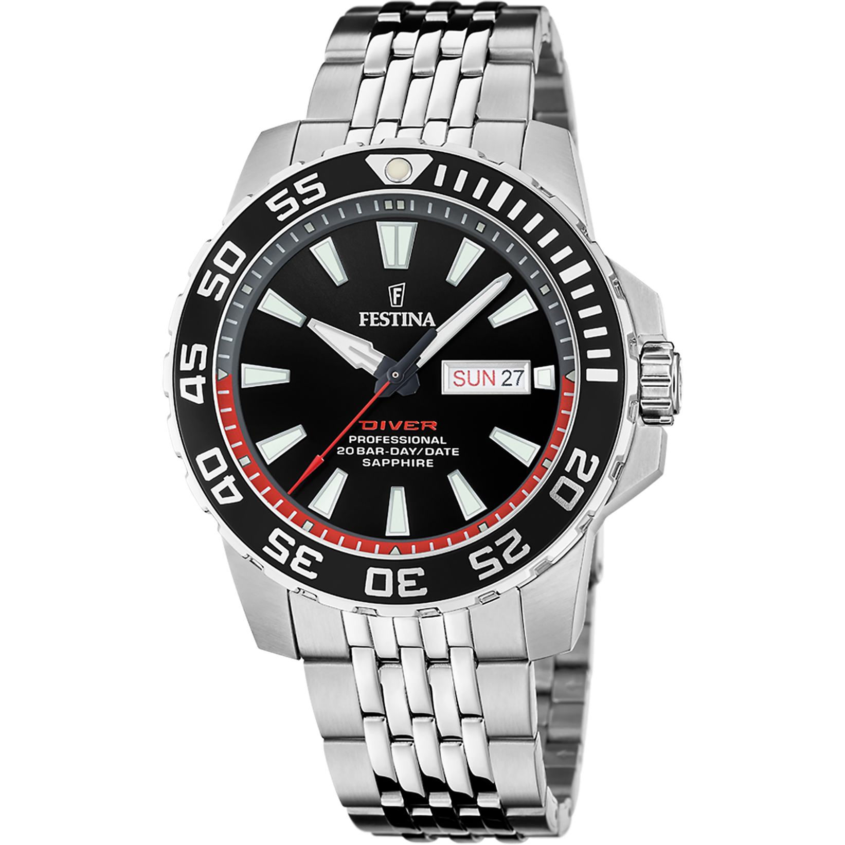 Festina Herrenarmbanduhr mit schwarzem Zifferblatt, Saphirglas und Edelstahlarmband