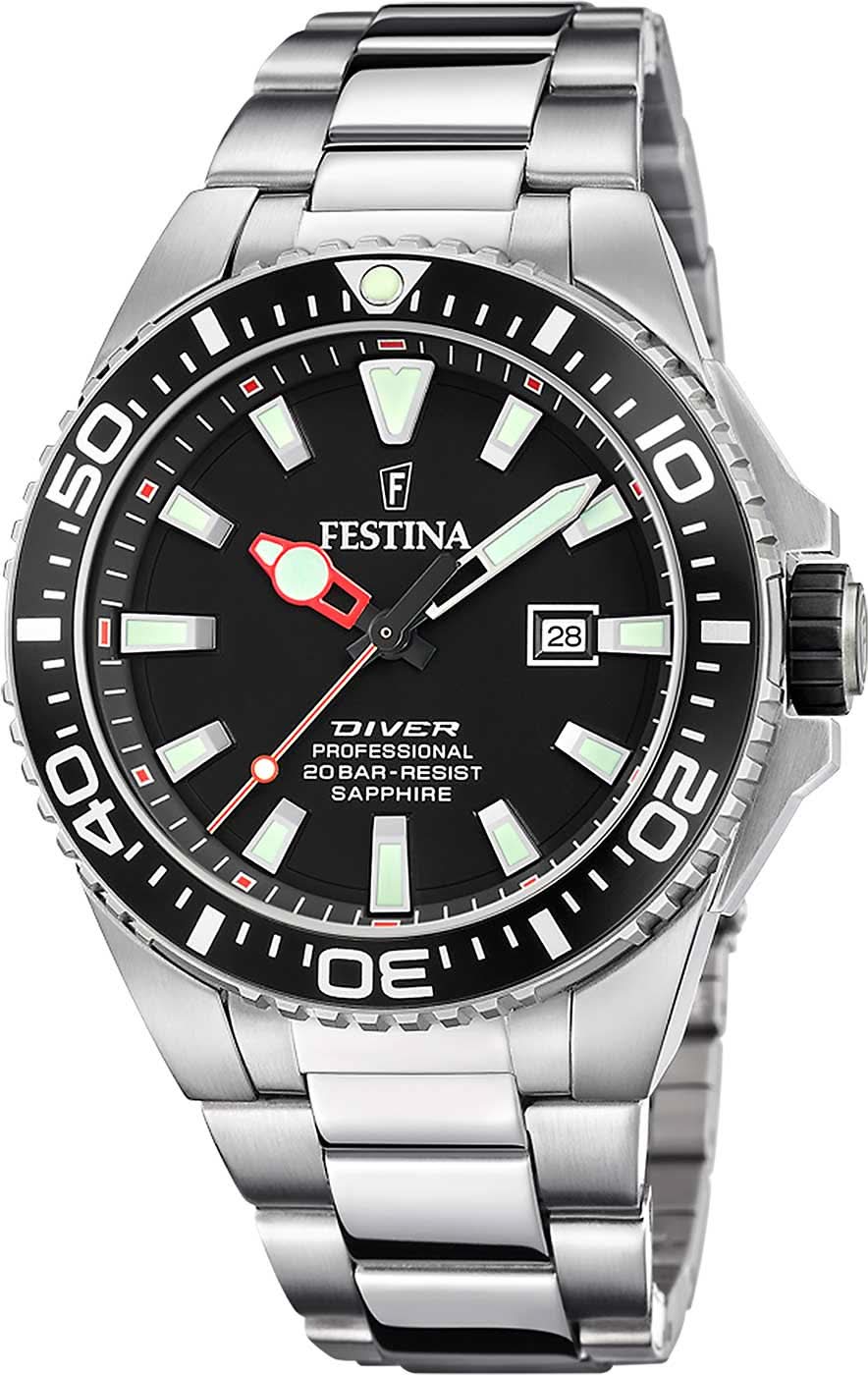 Montre Festina Diver Professional pour homme avec cadran noir, affichage de la date, bracelet en acier