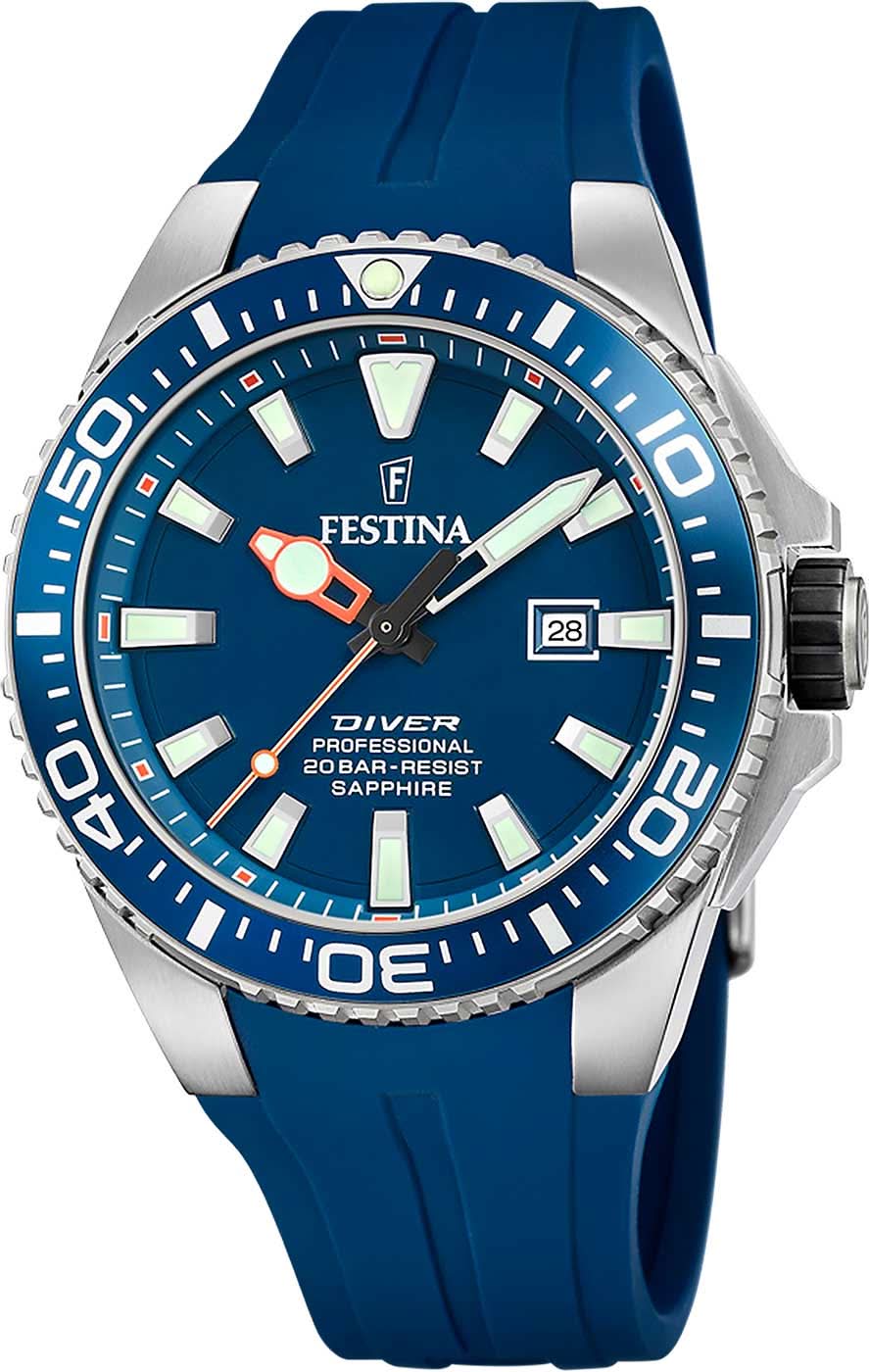 Montre Festina pour homme avec cadran bleu, verre saphir, guichet date et bracelet bleu