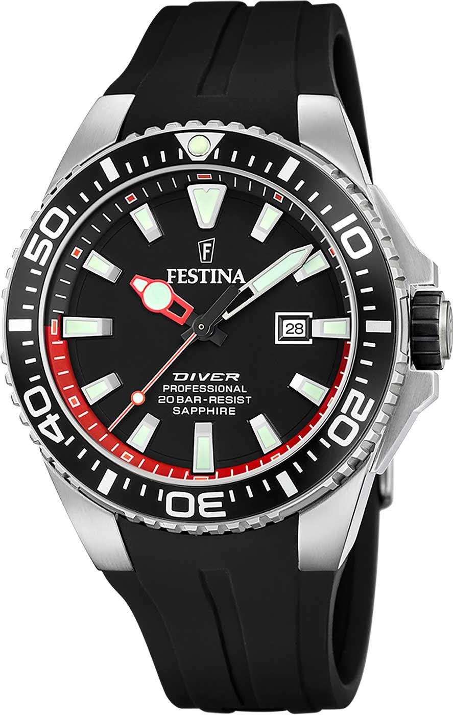 Montre Festina Diver pour homme avec cadran noir, affichage de la date et bracelet en caoutchouc noir.