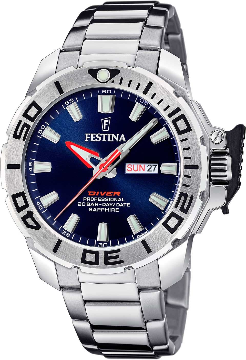 Montre Festina Diver pour homme avec cadran bleu, bracelet en acier inoxydable et verre saphir