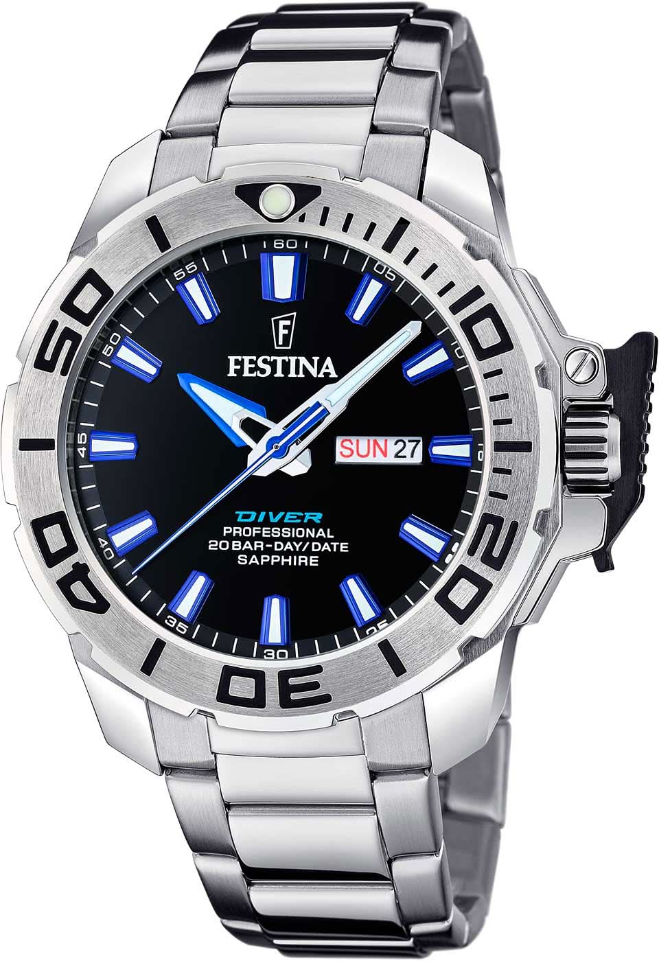 Montre Festina pour homme avec cadran bleu, boîtier et bracelet en acier inoxydable, lunette de plongée
