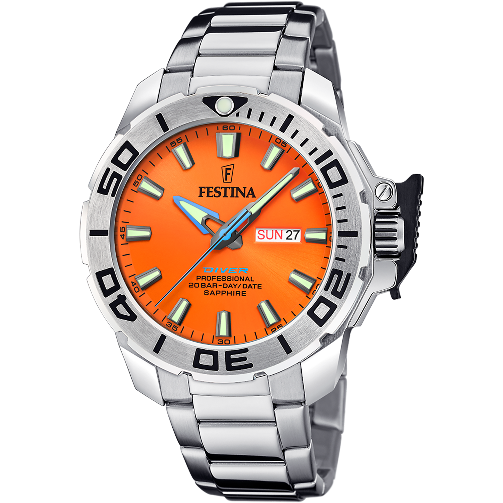Herren-Diveruhr mit orangefarbenem Zifferblatt, Saphirglas und Metallarmband
