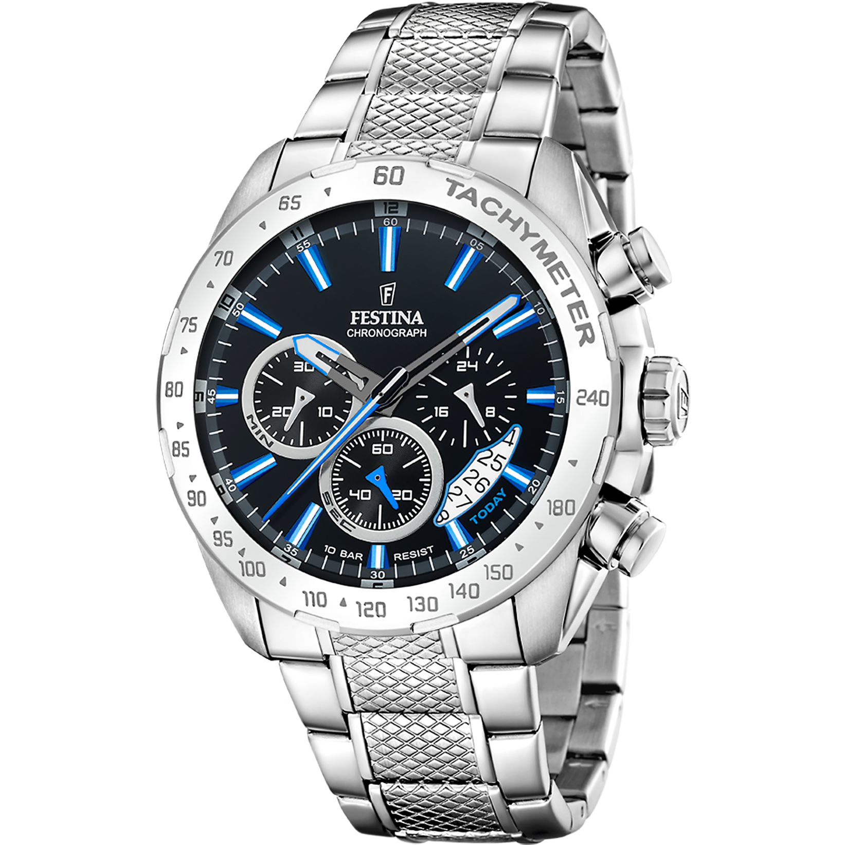 Festina Herrenuhr Chronograph mit blauem Zifferblatt, Tachymeter-Lünette und Stahlband