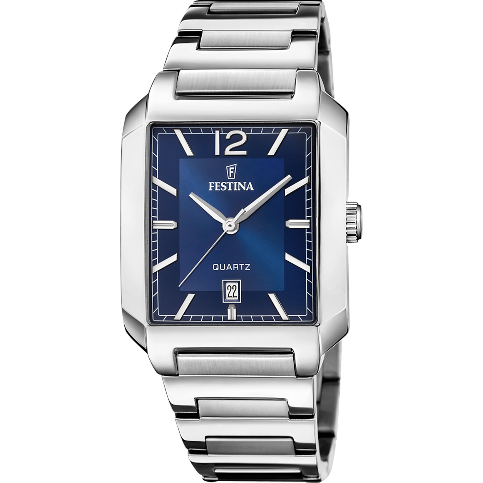 Festina Quarzuhr mit rechteckigem Edelstahlgehäuse, blauem Zifferblatt und Metallarmband