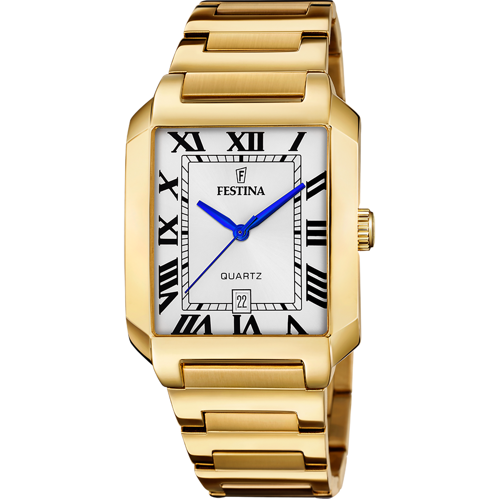 Festina Herrenuhr mit eckigem goldfarbenem Gehäuse und Metallarmband, weißem Zifferblatt.
