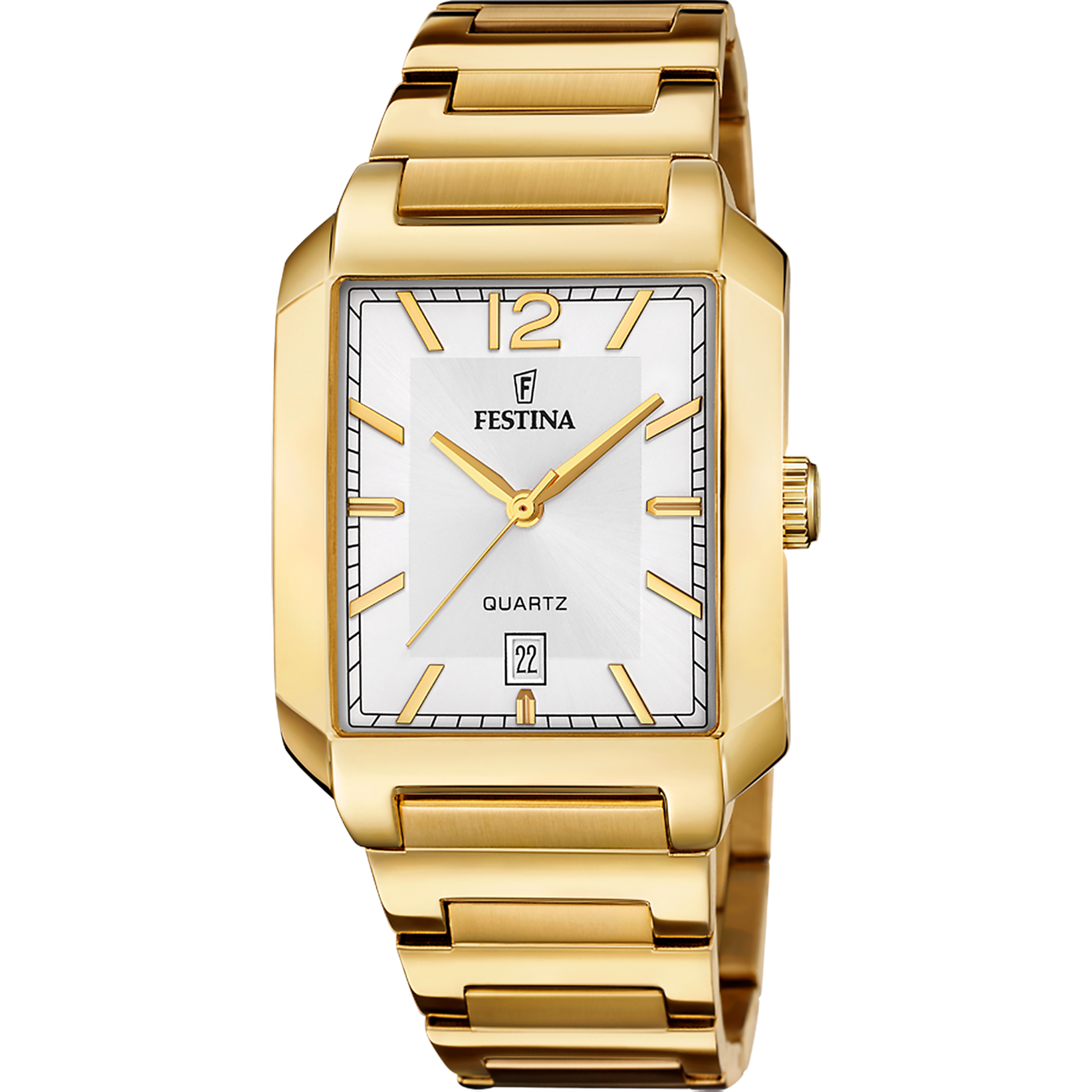 Goldfarbene Herrenuhr mit eckigem Gehäuse, Metallarmband und weißem Zifferblatt.