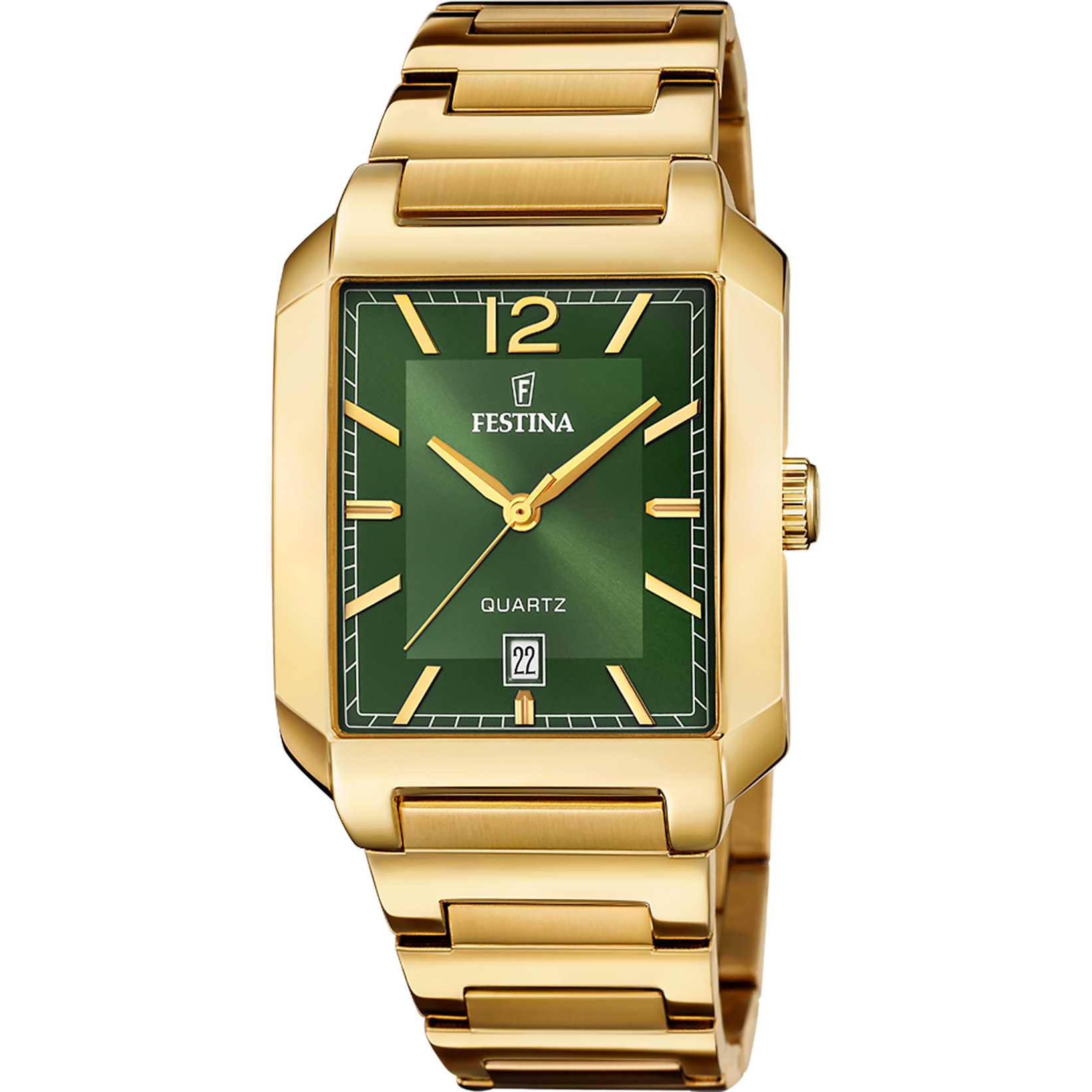 Herrenarmbanduhr mit grünem quadratischem Zifferblatt und goldfarbenem Metallarmband, Quarz