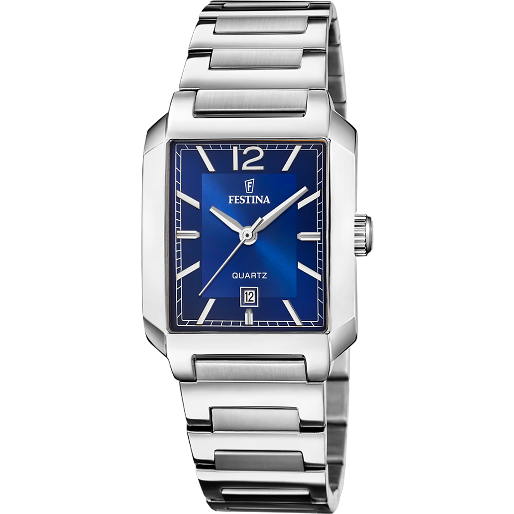 Festina Damenuhr mit eckigem silbernem Gehäuse, blauem Zifferblatt und Quarz.